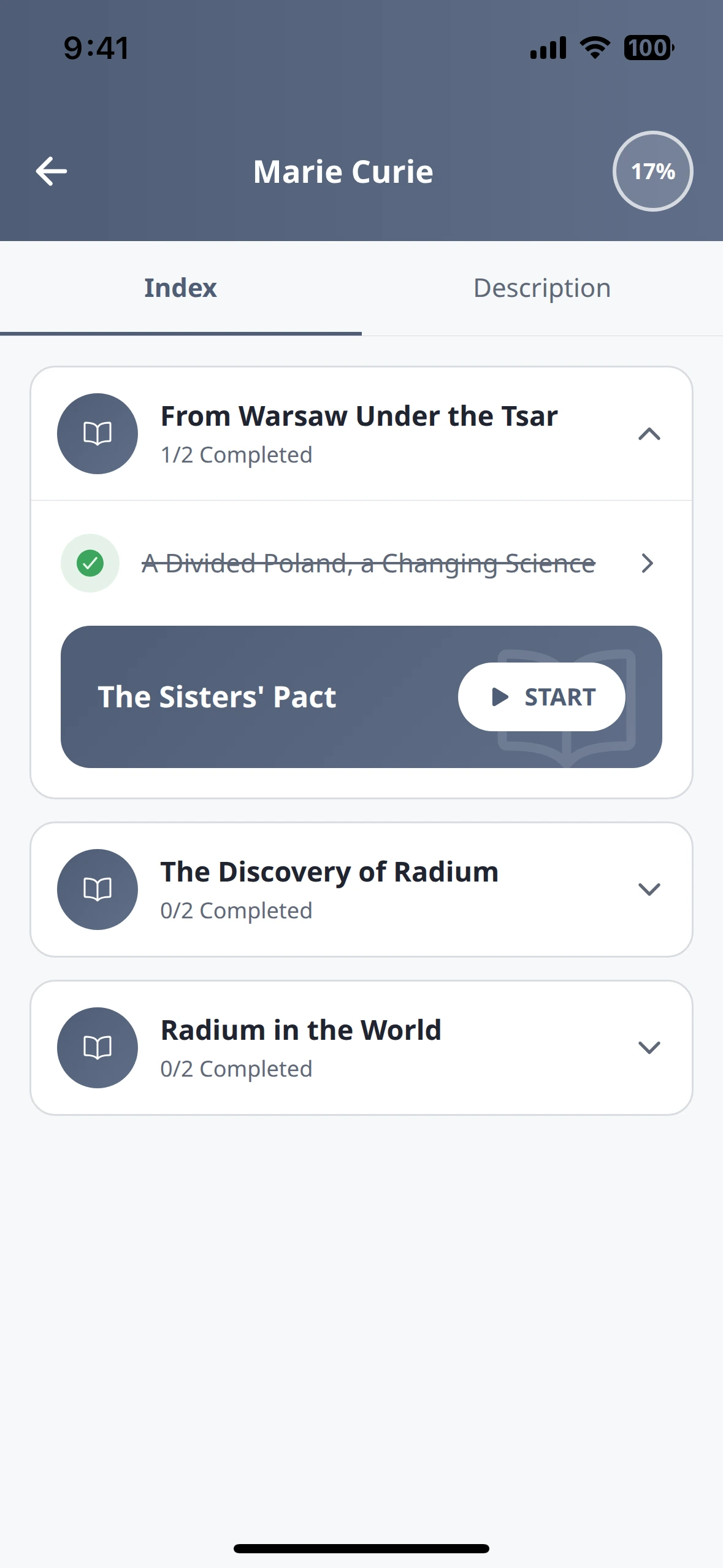 A course screen of the HerLegacy app, with its modules and lessons