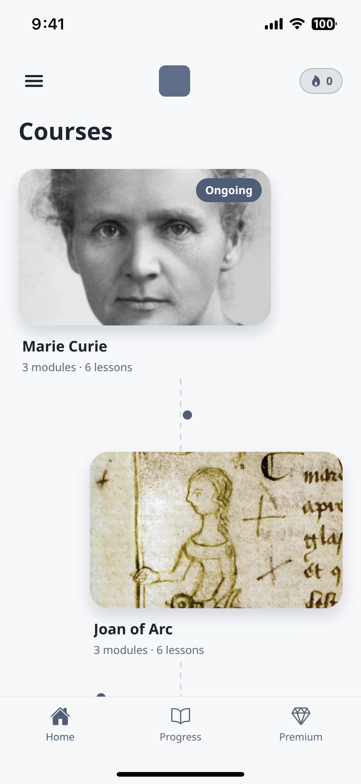 Home screen of the HerLegacy app, listing the courses